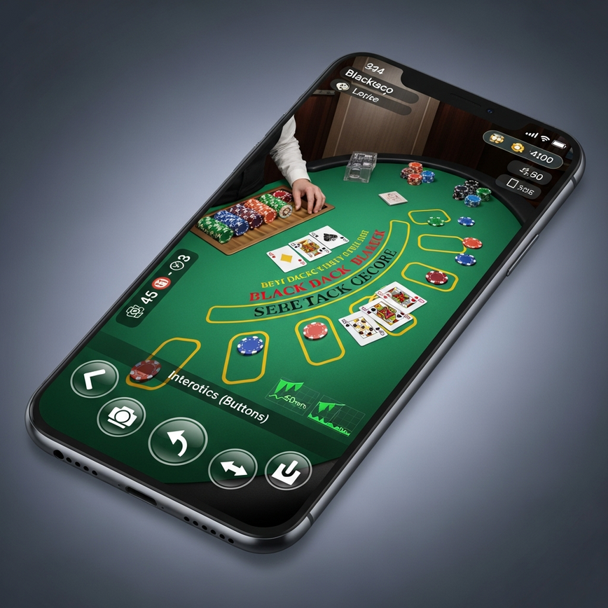 Illustrates the mobile app experience for live dealer blackjack, highlighting user-friendly controls and clear video on a smartphone.