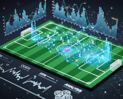 Stylized football pitch with glowing holographic data overlays, including heatmaps, network graphs, and statistical charts, representing advanced match analysis for sports betting.