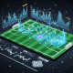 Stylized football pitch with glowing holographic data overlays, including heatmaps, network graphs, and statistical charts, representing advanced match analysis for sports betting.