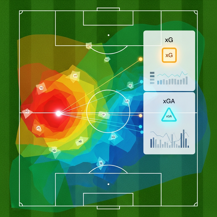 Illustrates the concept of advanced statistical analysis, specifically Expected Goals (xG), by visualizing shot quality and chance creation on a football pitch.