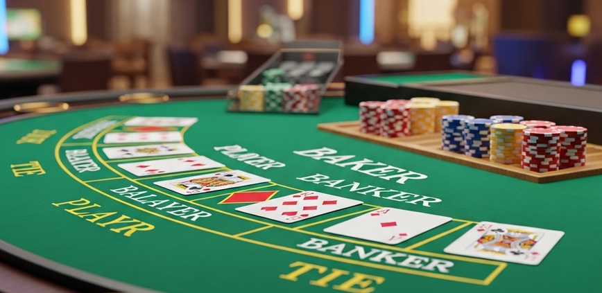 Luxurious online 3-Card Baccarat table showing three cards dealt to Player and Banker hands, with generic casino chips, set against a sophisticated casino backdrop.