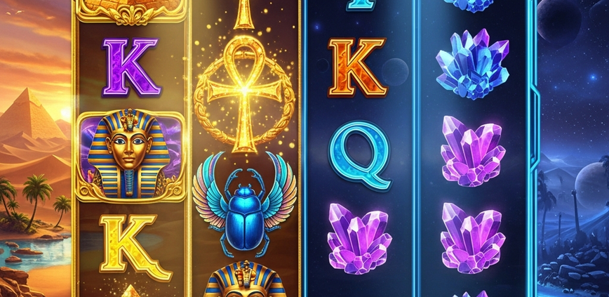 Dynamic online slot machine interface blending Ancient Egyptian and futuristic space themes, showcasing vibrant winning symbols and engaging graphics on a premium online casino platform.
