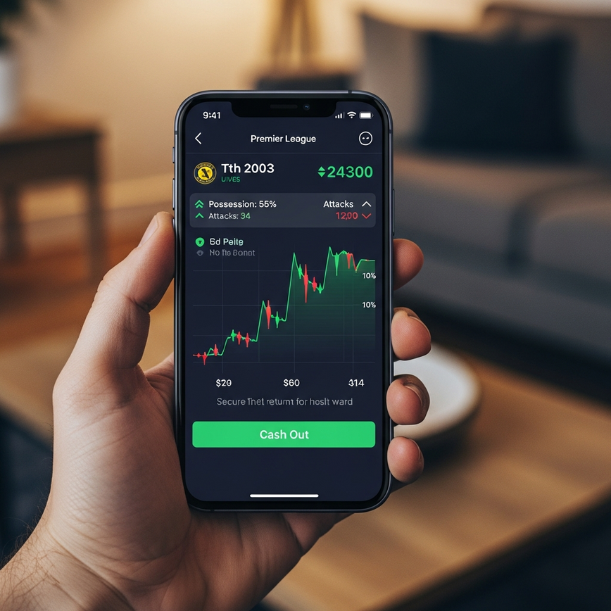 Visualizes the dynamic nature of live betting and in-play strategies on a mobile device, highlighting real-time odds and cash-out features.