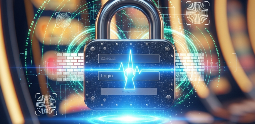 Digital padlock icon overlaid on a secure online casino login interface, symbolizing account protection and the importance of not sharing details.