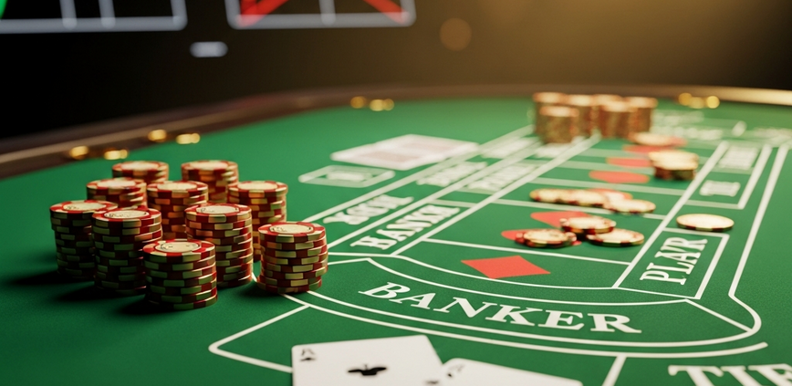Luxurious baccarat table in an Asian casino setting, featuring playing cards, casino chips, and a detailed scorecard, symbolizing the game's cultural significance and popularity.