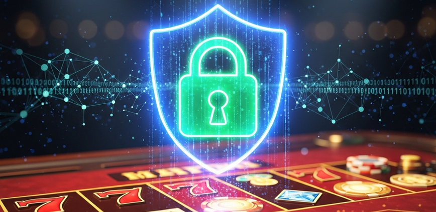 A vibrant online casino game interface, possibly a slot machine or card table, protected by a glowing digital shield and padlock icon, symbolizing robust cybersecurity against hacking threats.
