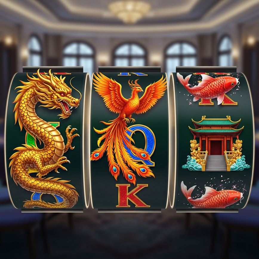 Illustrate the common high-value symbols and dynamic gameplay of Asian-themed slots, particularly those mentioned in the 'Understanding Asian-Themed Slot Mechanics' section.