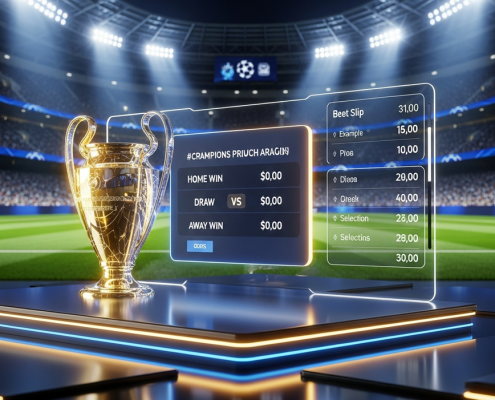 Dynamic digital sports betting interface displaying Champions League odds with a glowing generic trophy and a blurred football stadium background, representing European football betting.