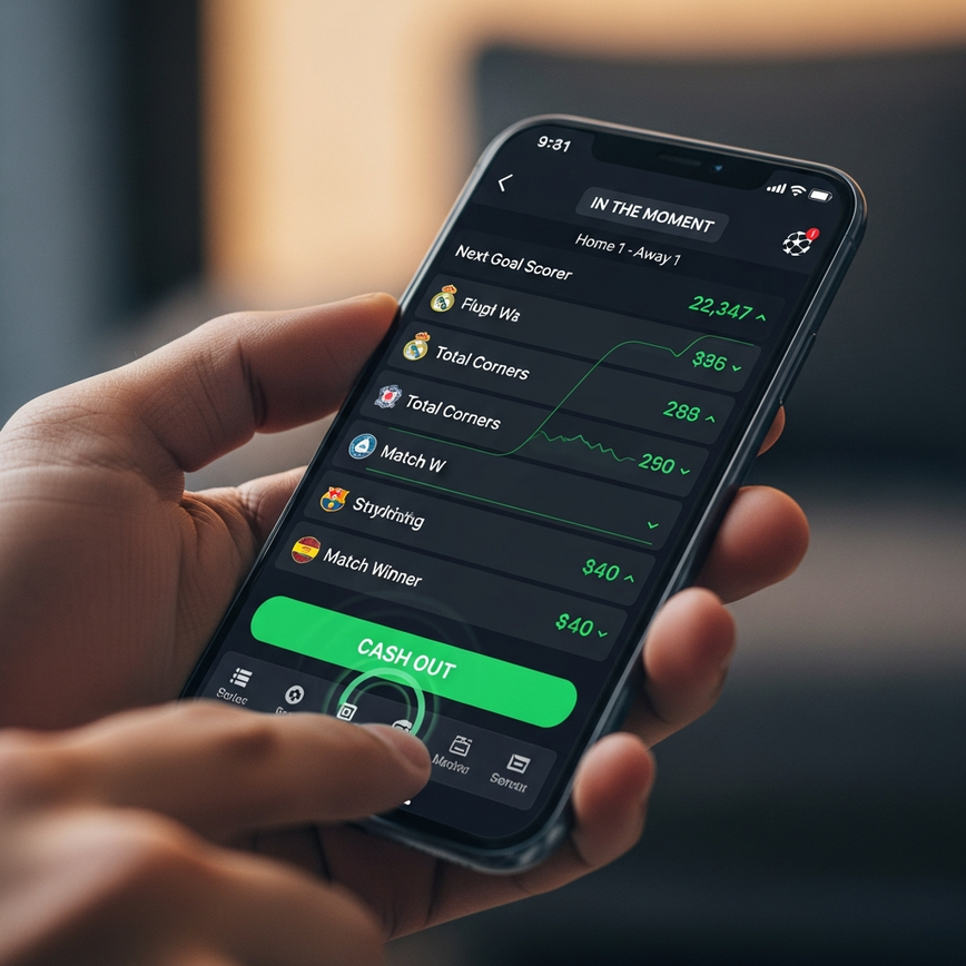 Illustrates the convenience and real-time nature of mobile live betting for Champions League matches.
