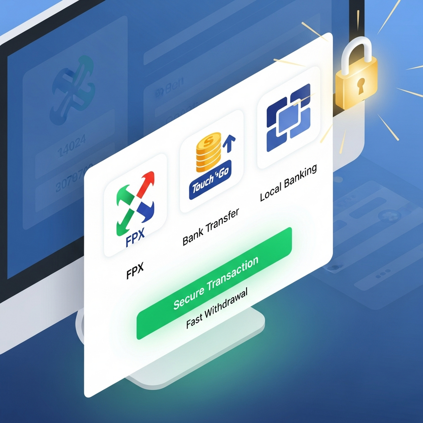 Visualizes secure and convenient Malaysian payment and withdrawal options within an online sports betting context.