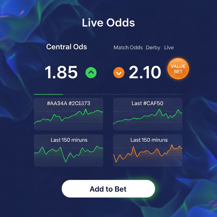 展示德比战中市场波动性和价值投注机会的概念，在一个投注界面上显示动态的赔率变动。