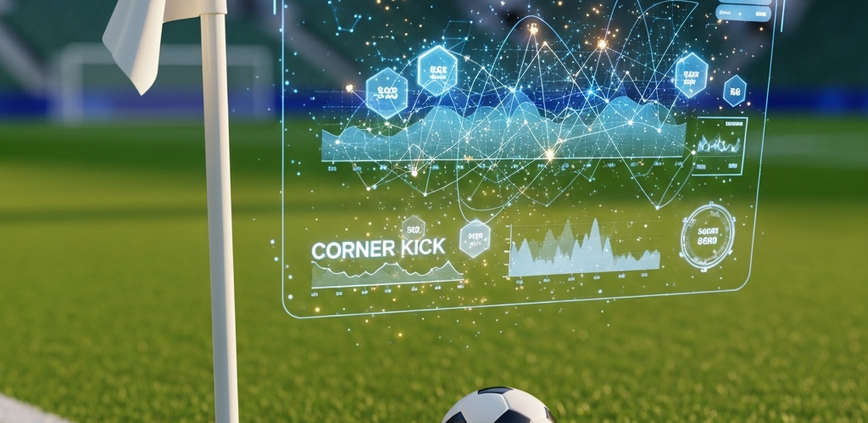 Vibrant football pitch corner with a corner flag and ball, overlaid with glowing digital charts and betting interface elements, symbolizing data-driven corner betting strategy.