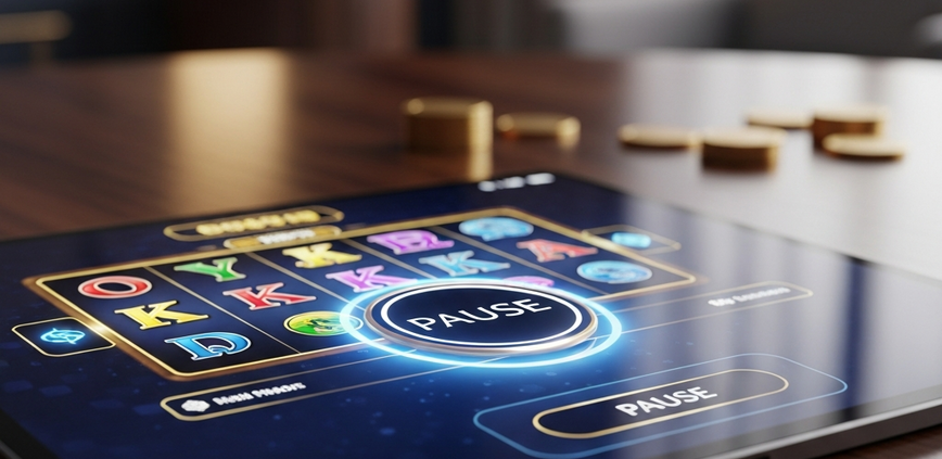 A digital screen showing an online casino game with a prominent, glowing 'PAUSE' button overlaid, symbolizing the importance of taking breaks from betting for responsible gaming.