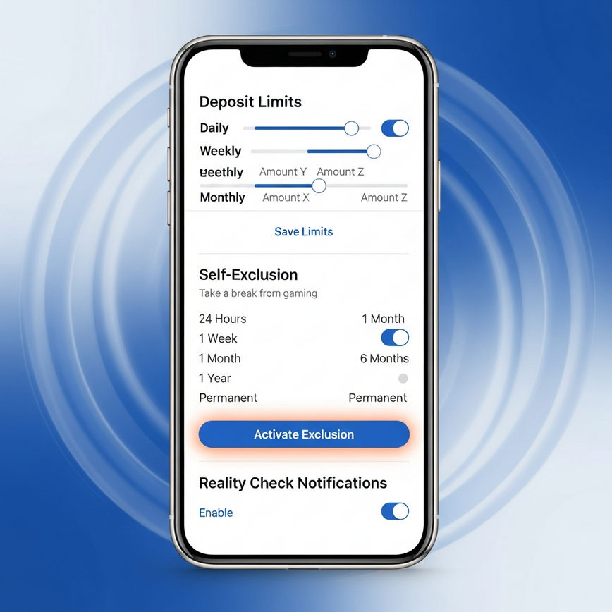 Depicts the 'iBET Responsible Gaming Break System' and platform support tools, showing a user-friendly interface for setting limits and self-exclusion.