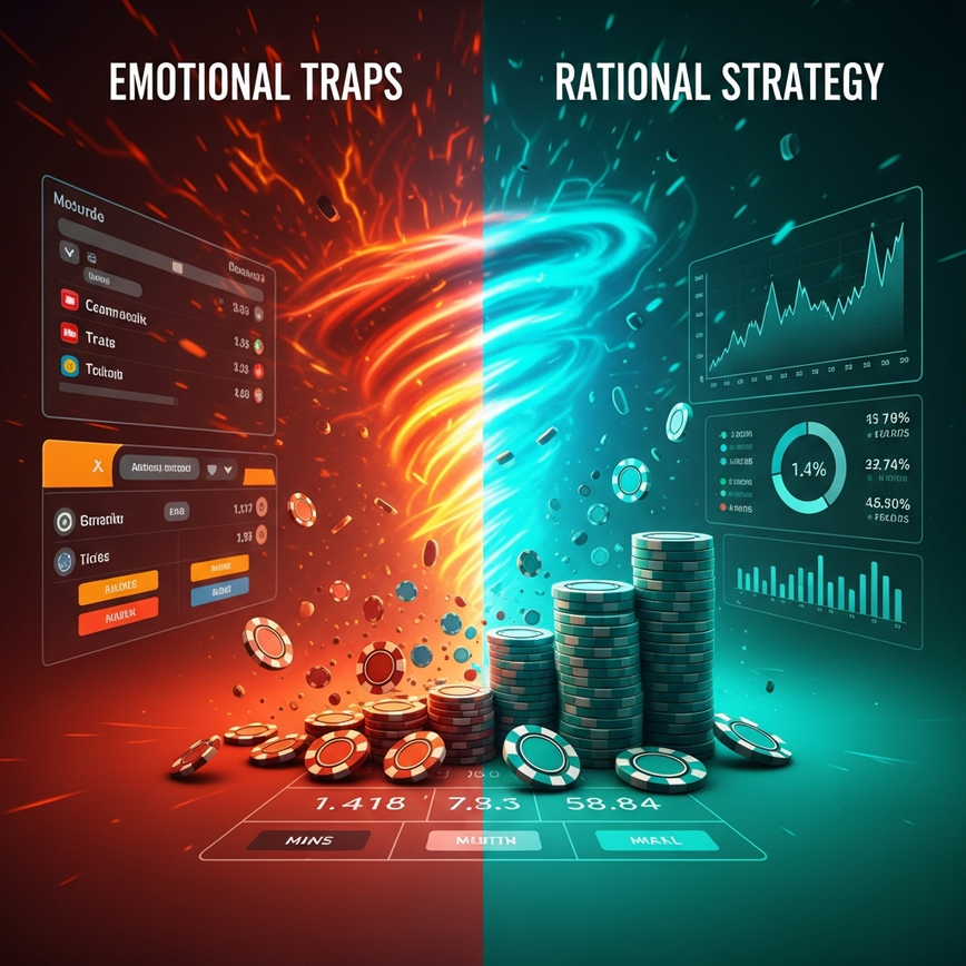 视觉化呈现情绪化投注和追逐亏损的负面影响，并与冷静、理性的方法形成对比。