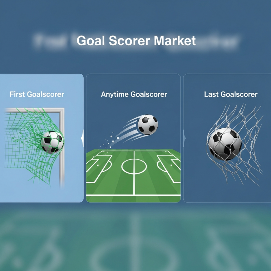 Illustrates the three distinct goal scorer markets: First, Anytime, and Last Goalscorer, as discussed in the article.