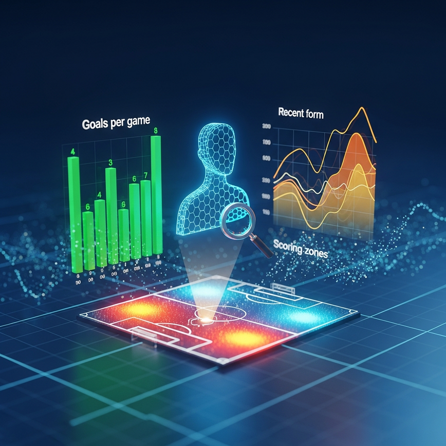 Visualizes the concept of player analysis and data-driven strategies crucial for successful goal scorer betting.
