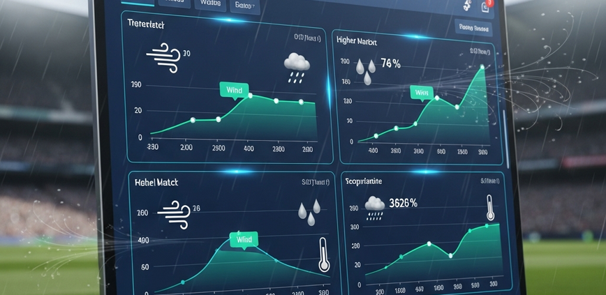 Dynamic sports betting interface showing real-time odds and integrated weather forecasts over a blurred, rain-affected football stadium, symbolizing strategic weather-impacted betting.