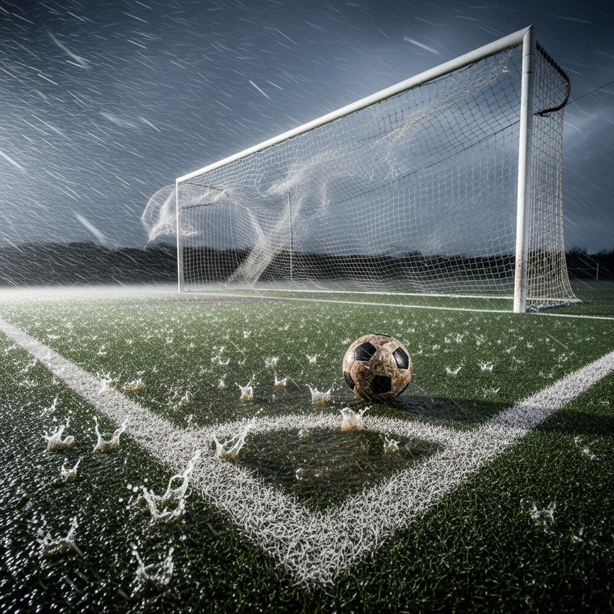 Illustrates the direct physical impact of adverse weather conditions (heavy rain and strong wind) on a football pitch, specifically how it affects the playing surface and game elements like the ball and goal net, as discussed in the football section.