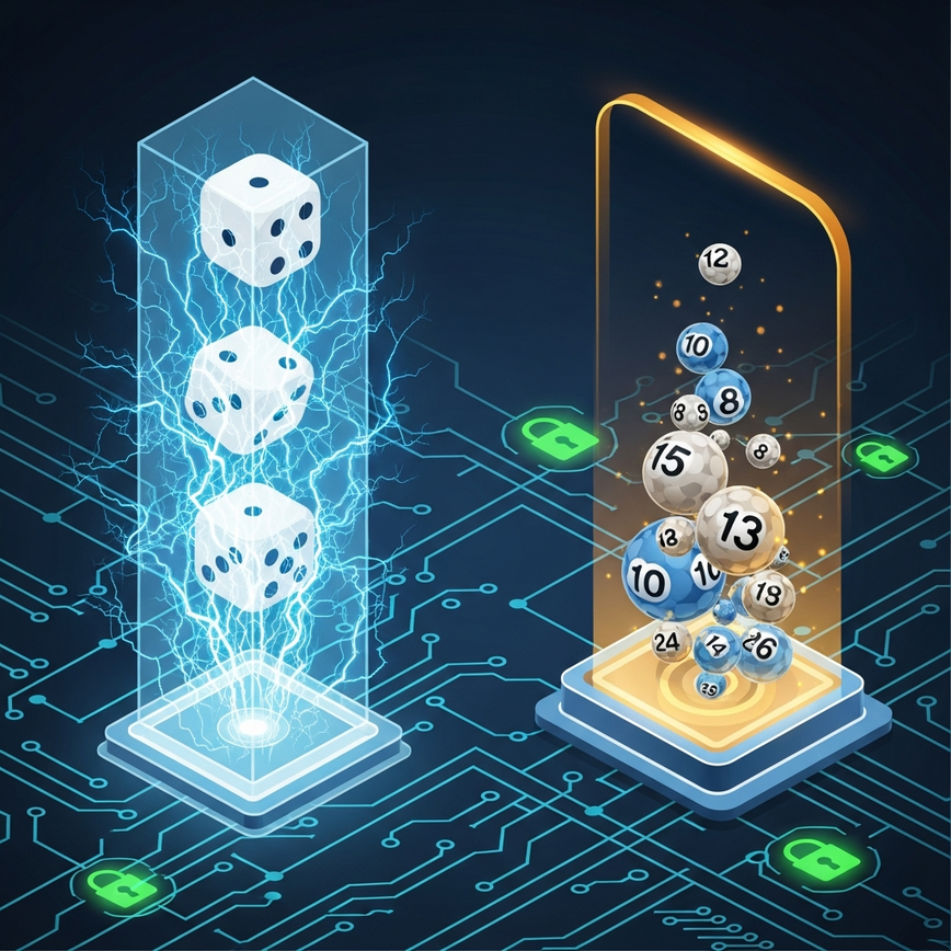 Depicts the variety and security aspects of different live casino game shows, combining elements of lottery-style games and dice games with symbols of fair play.