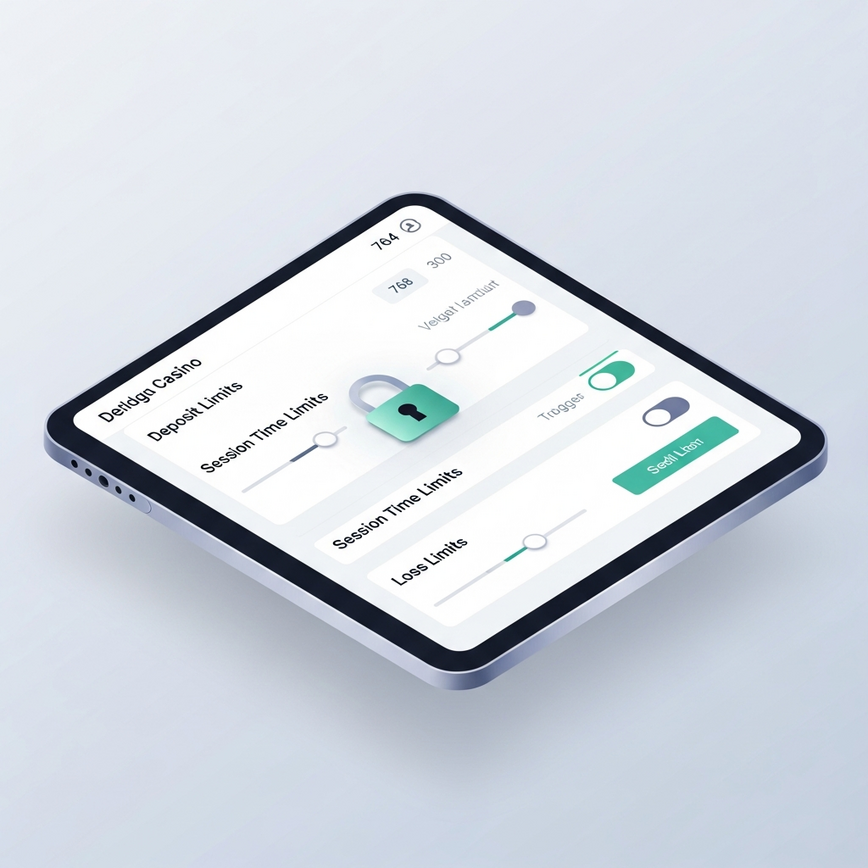 Visualizes the concept of disciplined bankroll management and responsible gaming tools within a sleek online casino interface, promoting player control.