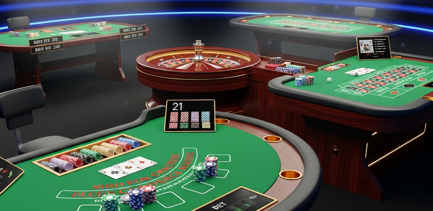 Overview of a sophisticated live online casino studio with multiple game tables like blackjack, roulette, and baccarat, symbolizing choice and a premium gaming experience for players.
