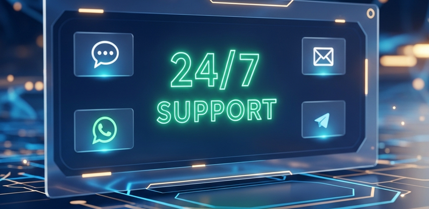Sleek digital interface of an online casino customer support dashboard with glowing '24/7 SUPPORT' text and icons for live chat, phone, email, WhatsApp, and Telegram, set against a secure network background, symbolizing immediate and reliable assistance for Malaysian players.