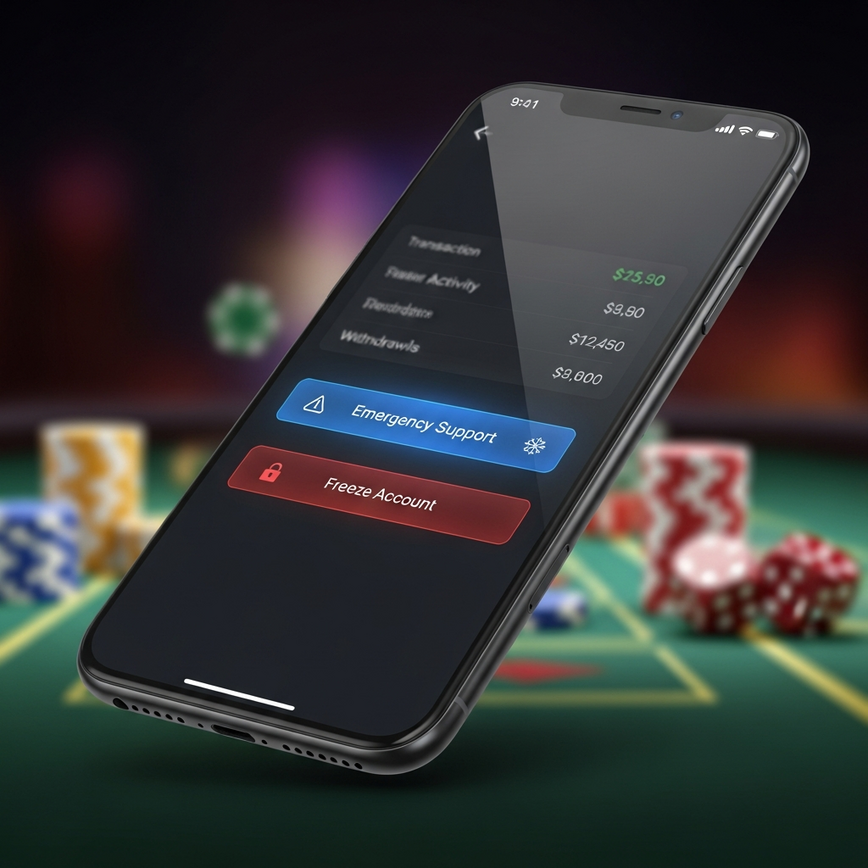 描绘了移动应用程序的紧急功能，突出显示了一键联系客服和即时冻结账户的功能。