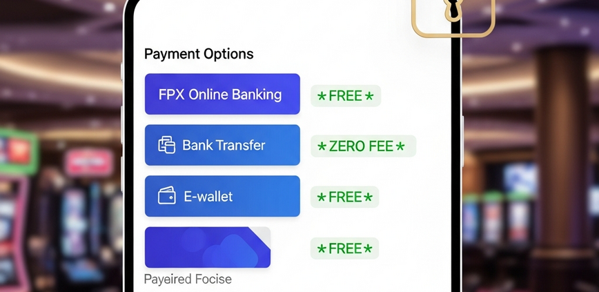 Sleek online casino payment interface showing zero-fee deposit options like FPX and Bank Transfer, with a secure padlock icon, set against a blurred luxurious casino lobby background, emphasizing transparency and security for Malaysian players.