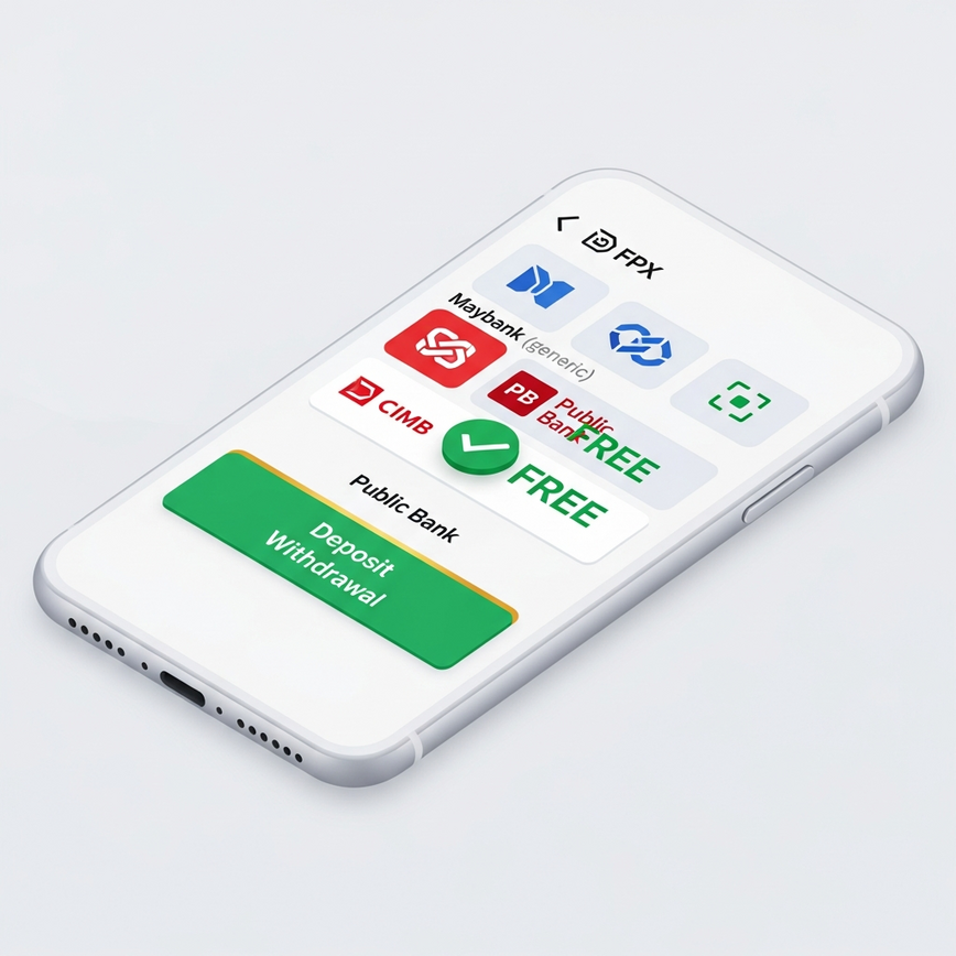 展示了马来西亚本地银行转账和FPX在存款与提款方面的便捷与高效,突出了‘免费’和‘即时’的特点,从而增强了信任感和便利性。