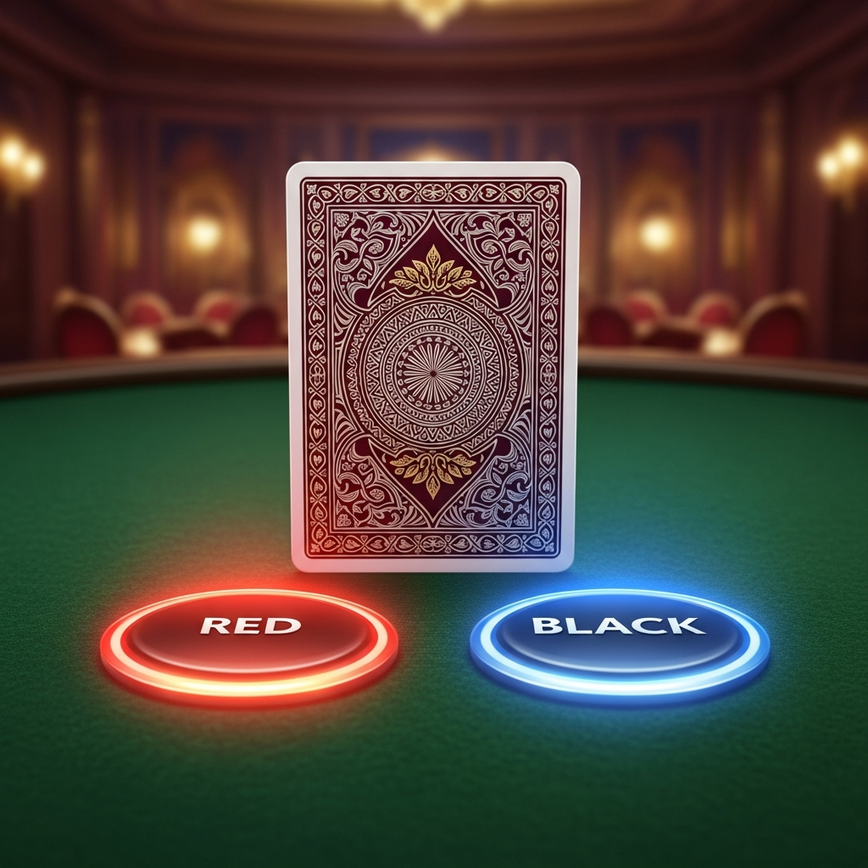 展示常见的‘猜牌式翻倍’功能，玩家通过预测红色或黑色来将奖金翻倍。