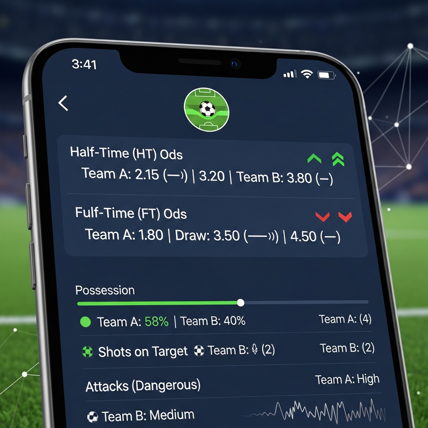 Depicts live betting scenarios and strategic analysis in HT/FT markets, showing dynamic odds and data on a mobile interface.