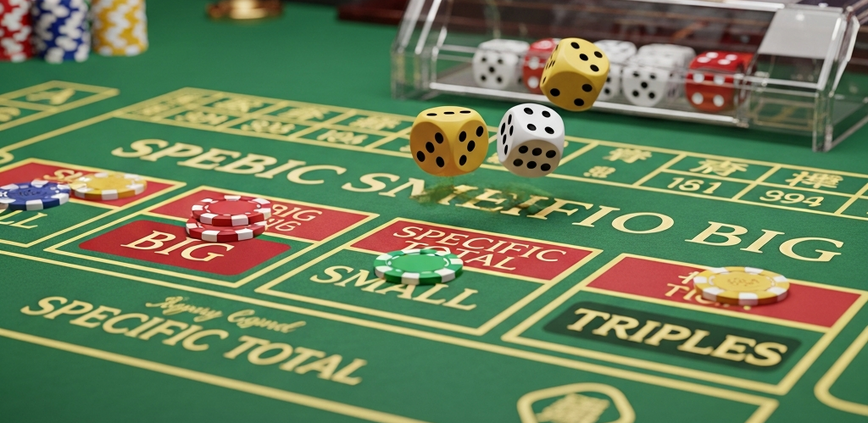 Vibrant online casino Sic Bo game interface showing a detailed betting table with three dice in a shaker, virtual chips, and a luxurious background, representing the excitement of the Asian dice game.