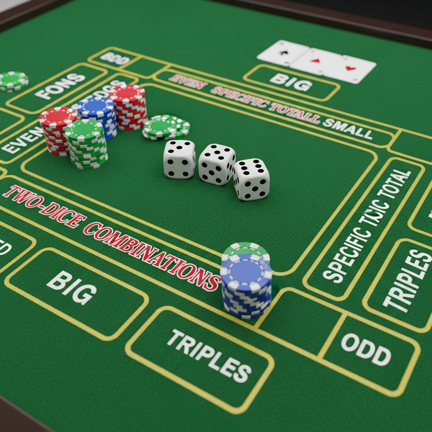 To visually explain the core components and betting grid of Sic Bo, helping beginners understand the game layout and basic bets.