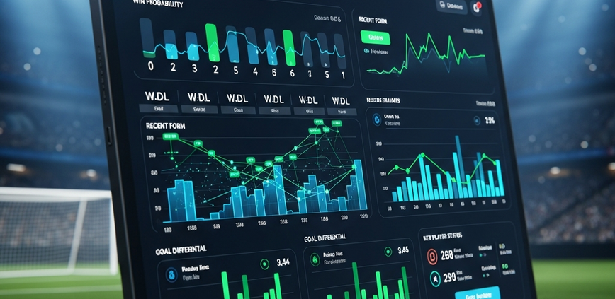 High-tech digital dashboard displaying football form analysis with interactive charts, match results, and team statistics, set against a blurred football stadium background, representing strategic sports betting.