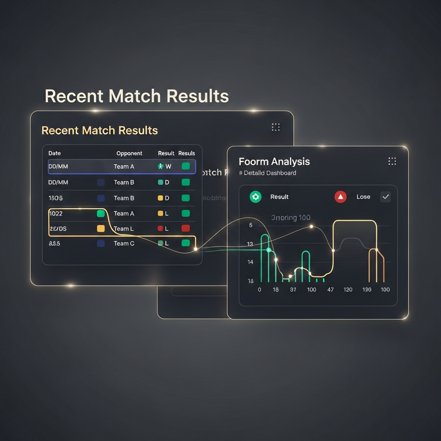 Illustrates the key components of team form analysis, such as recent results, goal statistics, and home vs. away performance, through a data visualization dashboard.
