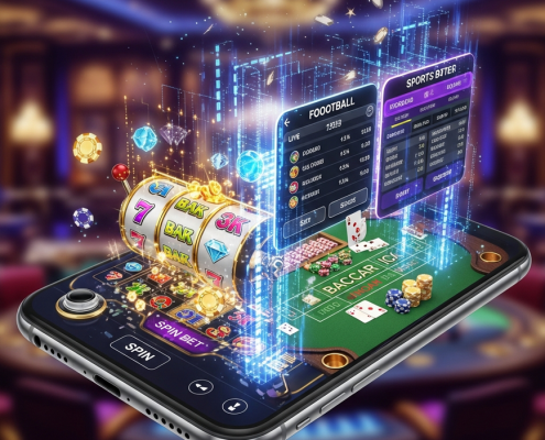 Dynamic digital interface of an all-in-one Malaysian online gambling platform, seamlessly integrating vibrant slot machine reels, an elegant live casino baccarat table, and a sports betting odds display, symbolizing convenience and instant fund transfers on a mobile device.