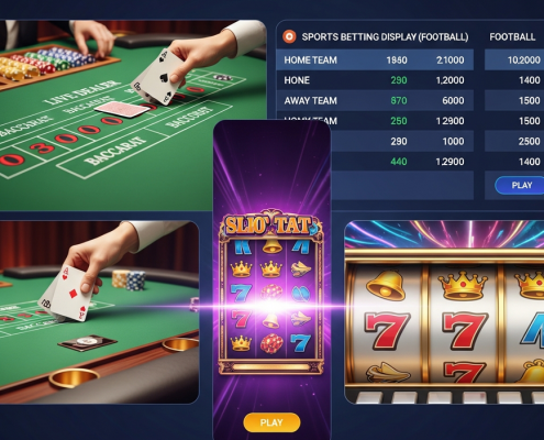 Sleek digital interface of a unified online casino platform, showing integrated views of live dealer Baccarat, slot machine reels, sports betting odds, and 4D lottery, representing a 'one account, every game' experience.