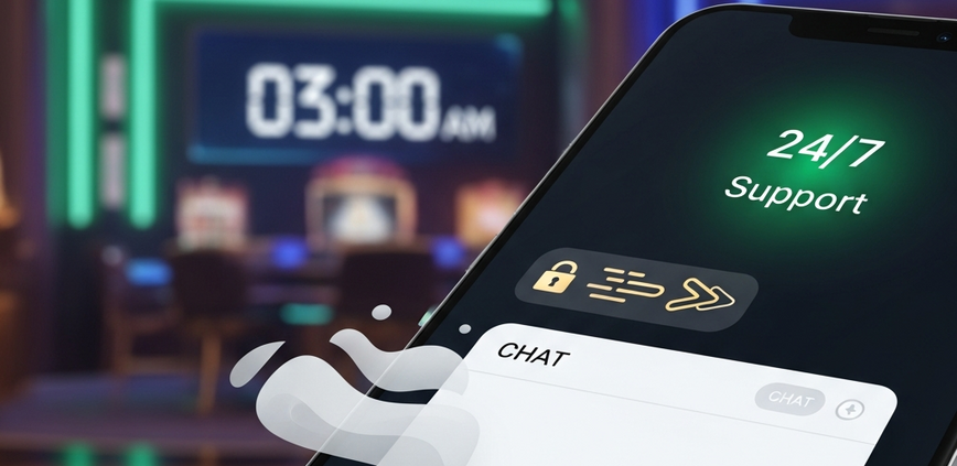 Sleek mobile online casino interface with an active 24/7 live chat window, symbolizing round-the-clock customer support and quick problem resolution in a premium digital environment.