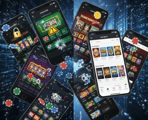 Split image showing the contrast between fragmented online casino and sportsbook accounts (left, chaotic with warning signs) and a unified, secure integrated gaming platform (right, sleek and organized with secure padlock).